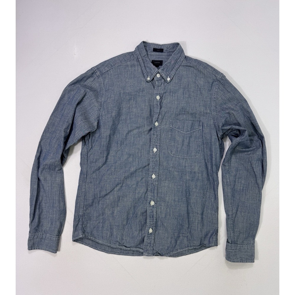 J Crew Mens Small Slim Fit Chambray Button Down Shirt Blue Cotton Western Cowboy